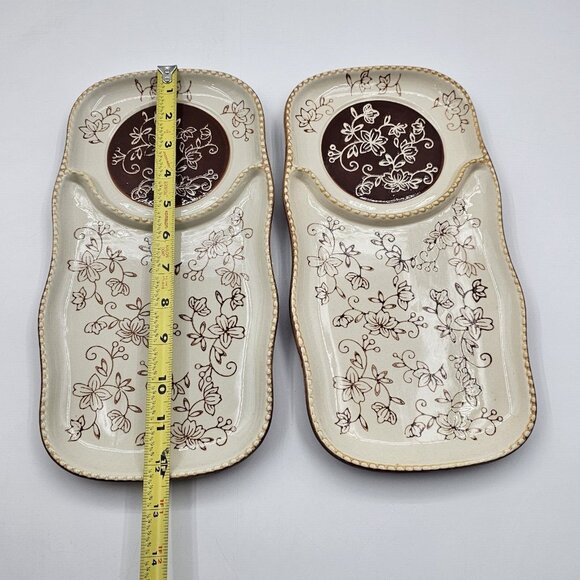 Tara Temptations Snack Serving Trays Chip & Dip in Floral Lace Brown Lot of 2 - Picture 5 of 7
